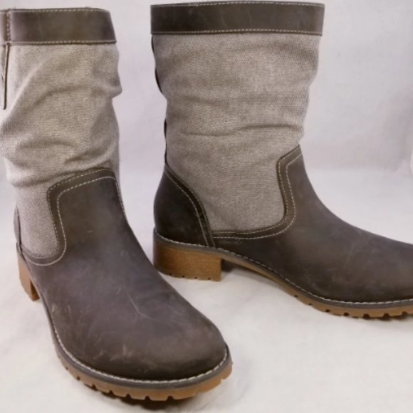 TIMBERLAND WOMEN BOOTS BROWN LEATHER GRAY CANVAS MOTORCYCLE COMBAT BOOTS SZ 7.5 - Picture 3 of 9